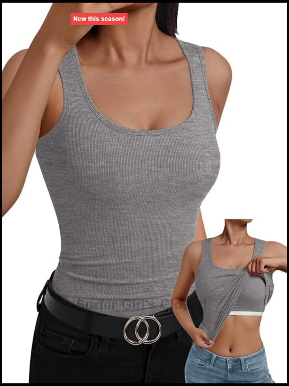 Built in Bra Tank Top Women Ribbed Scoop Neck Sleeveless